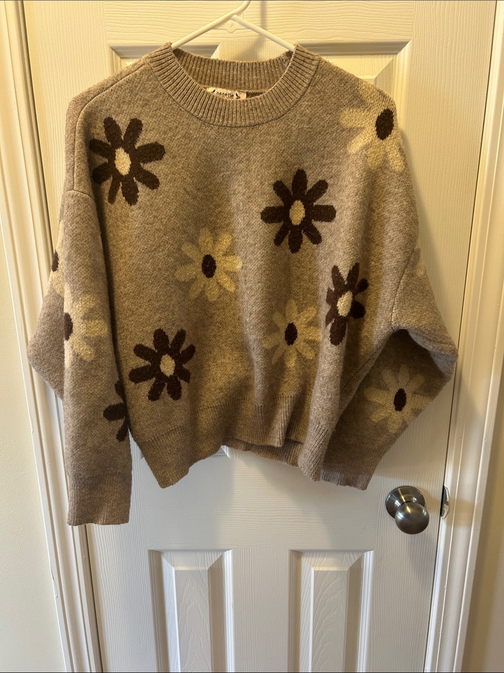 Nanette Lepore Taupe Floral Crewneck Sweater with Brown & Cream Daisy Accents